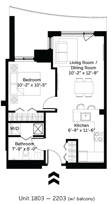 Floor plan for 1 bed, 1 bath, 595 sqft